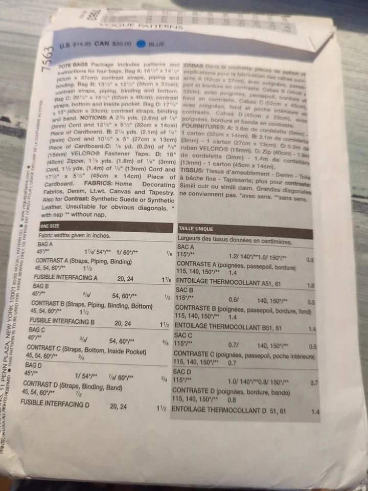 Tote Bag Pattern Accessories One Size Vogue 7563 Uncut Purse - Image 2 of 2