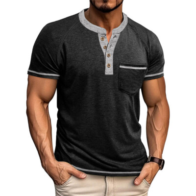 Herren Kurzarm Henley Hemd Casual Slim Shirts Button Tops Bluse