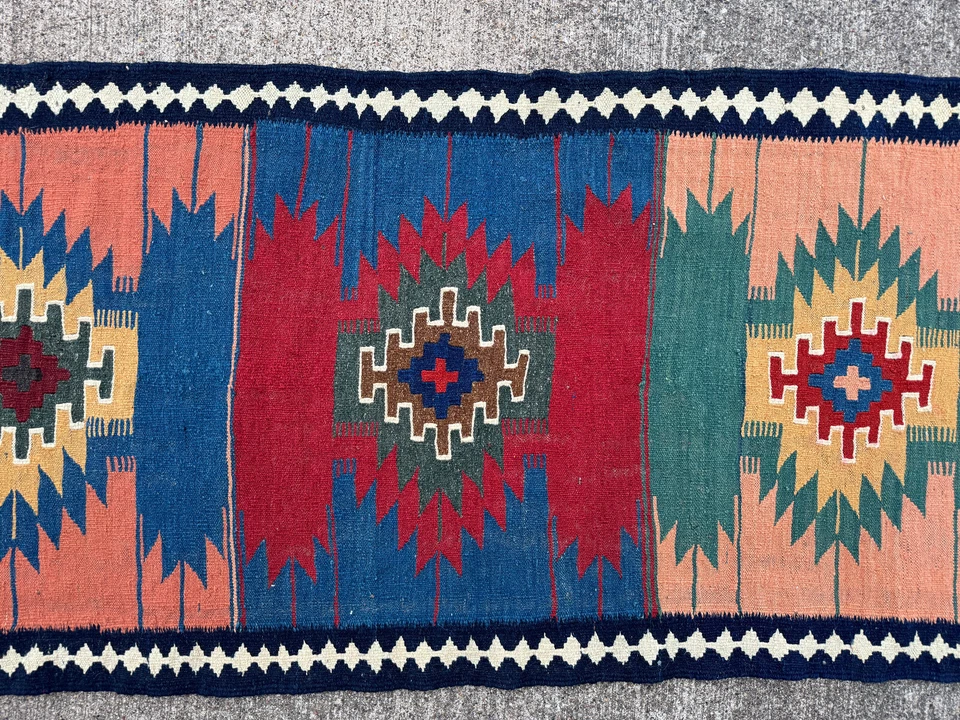 DE COLECCIÓN CORREDOR CAUCÁSICO 2x12 HECHO A MANO pavo geométrico azul oriental kilim largo Foto 4 de 4