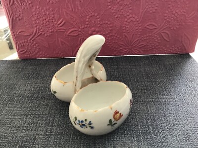 antique porcelain double open salt or condiment holder hand painted egg shaped