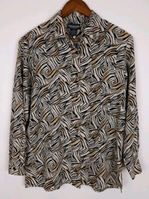 Notations Clothing Co. Medium Tan Black Zebra Print Long Sleeve Button-Up Top