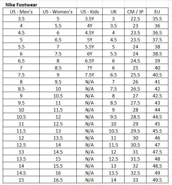 Nike 5y size chart sale