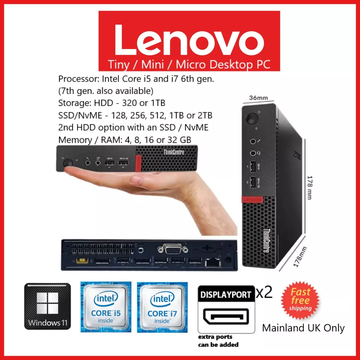 Mini PC Windows 11-Lenovo M710q i7-6700 2 To SSD 32 Go RAM RAPIDE m2 NVME  USB3