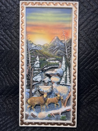 3D Deer Family and Running Waterfall Resin Wall Art Deco 18”x8” Vintage Rare