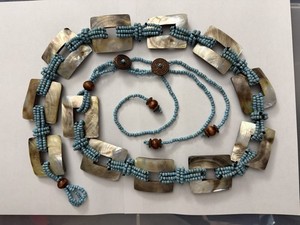 Vintage MOP Mother of Pearl Shell Belt Turquoise Beads Stretch 48” Overall BOHO