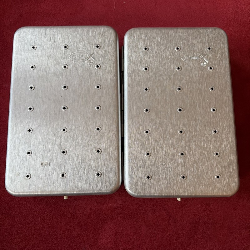 Two Vintage Perrine #91 Aluminum FLY BOXES, plastic inner "separating" lid. 