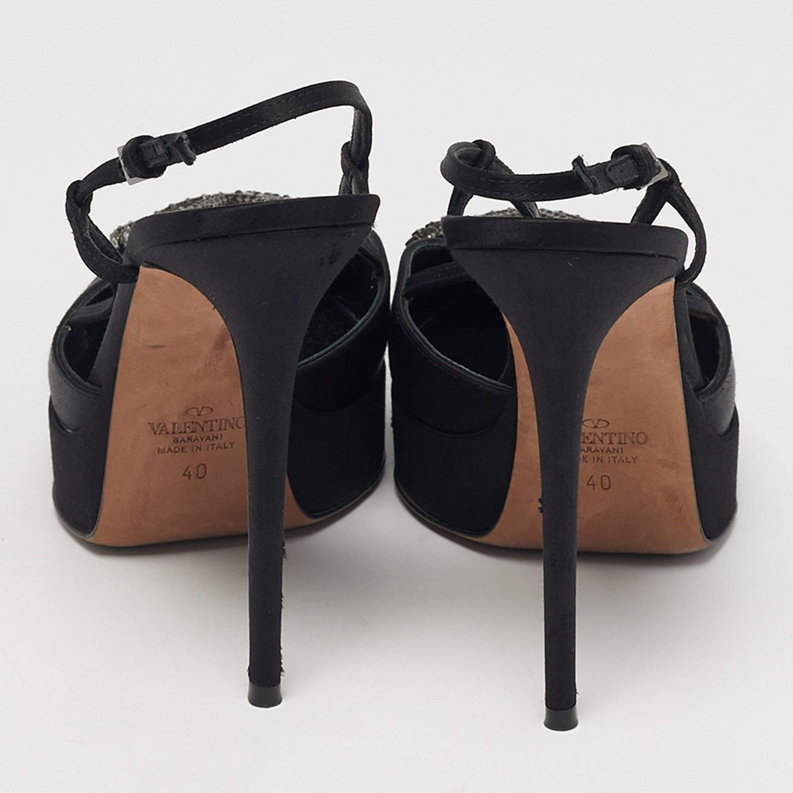 Valentino Black Satin VLogo Slingback Platform Pumps Size 40 thumbnail 5