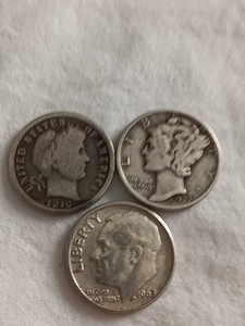 Lot Of 3 Dimes- Barber, Mercury and Roosevelt