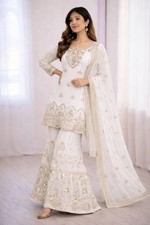 New Presenting Pure Faux Georgette White Top Palazzo With Dupatta For Function