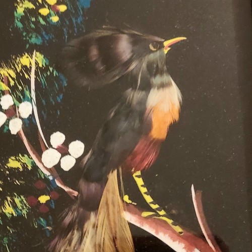 Vintage Bird Painting Real Feathers Hand Carved Ornate Wood Frame Mexico Folkart