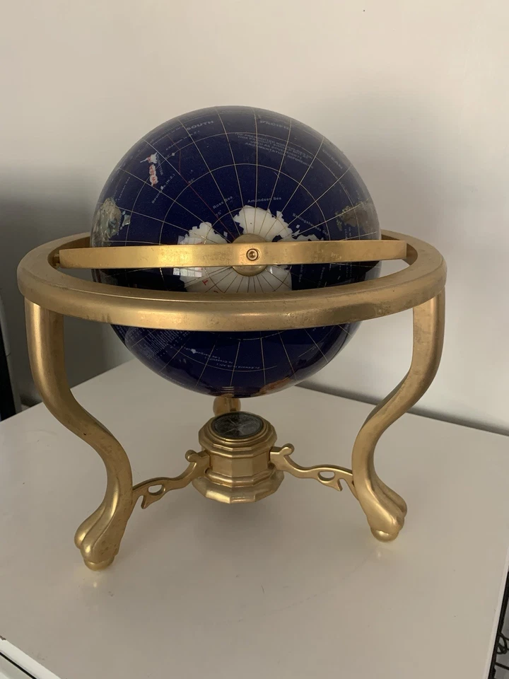 Piedra preciosa globo mundial 14" trípode soporte dorado brújula cuarzo azul lapislázuli océano Foto 4 de 4