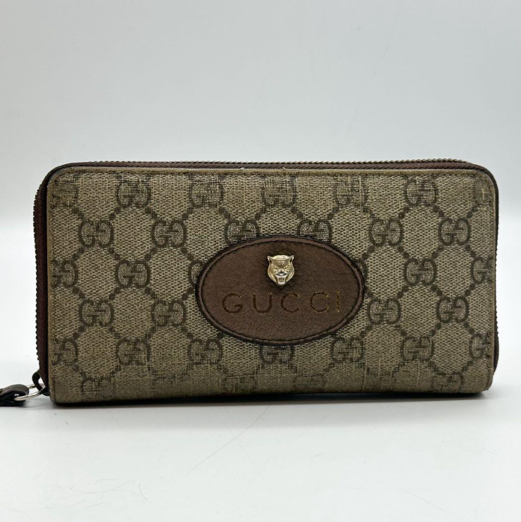 GUCCI GG Supreme Neo Vintage Tiger Beige Long Wallet Round Zip