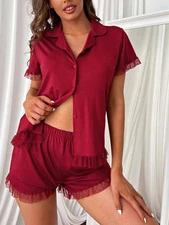 Women's Button Up Short Sleeve Pajama Set With Ruffled Trim And Shorts