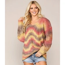 Gigio Ombre Rainbow Chunky Sweater Size S V-neck Oversized Wool Blend Boho Chic