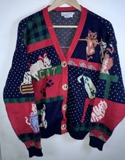 Rare Vintage Sweater Loft Cat Motif Patchwork Cardigan Made in USA