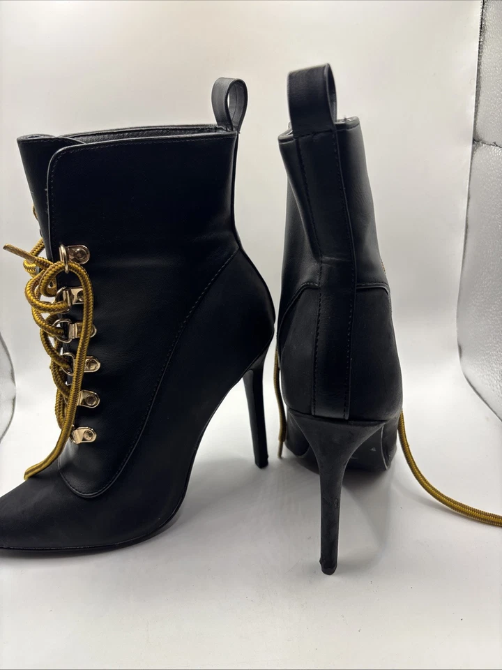 Zapatos para mujer Liliana talla 5,1/2 negros veganos con cordones punta abierta botas de tacón de moda Foto 3 de 4
