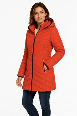 DKNY Women's Puffer Coat Medium Orange Hooded Long Quilted Winter Jacket