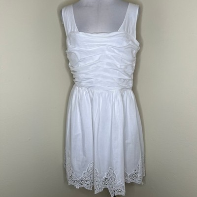 Melonie T Dress 14 White Crochet Hem Lace Ruched Fit & Flare A-Line Chic Mini