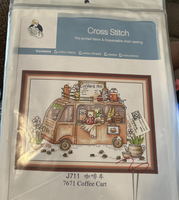 NEW Joy Sunday Cross Stitch Kit stamped COFFEE TEA FOOD TRUCK FLOWERS