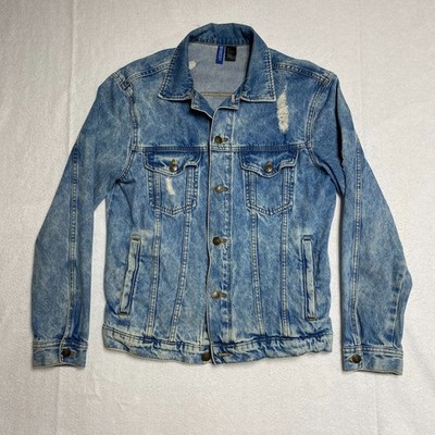 Divided H&M Trucker Jacket Mens Small Blue Faded Cowboy Collared Button Front