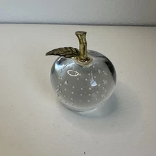 Glass Apple Paperweight Bullicante Controlled Bubbles Brass Leaf & Stem vntg