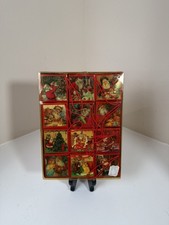 Set of 12 Christmas Ornament Santa Claus Square Gift Box Red Cardboard Vintage
