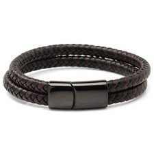 Black and Brown Braided Leather Bracelet with Gunmetal Stainless Steel Magnetic