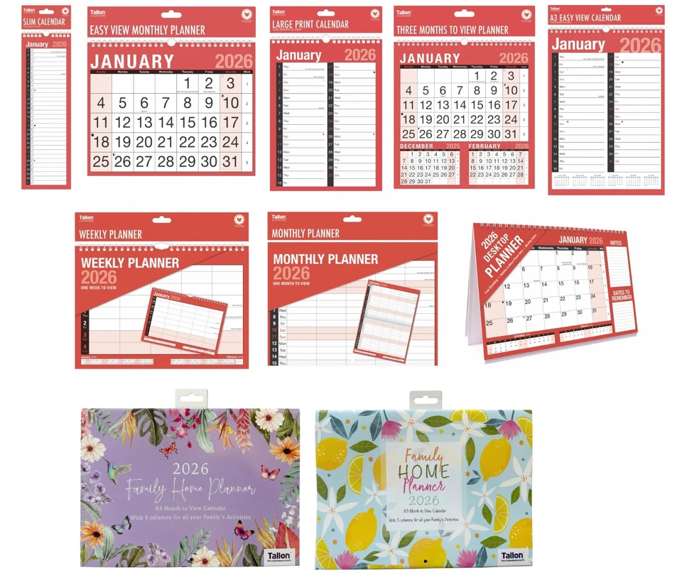 TALLON 2026 Wall Calendar Slim/A4 or A3 Wall Planner Large Month to View Planner