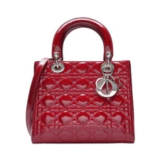 Christian Dior Red Patent Lady Dior Silver Medium Tote Bag