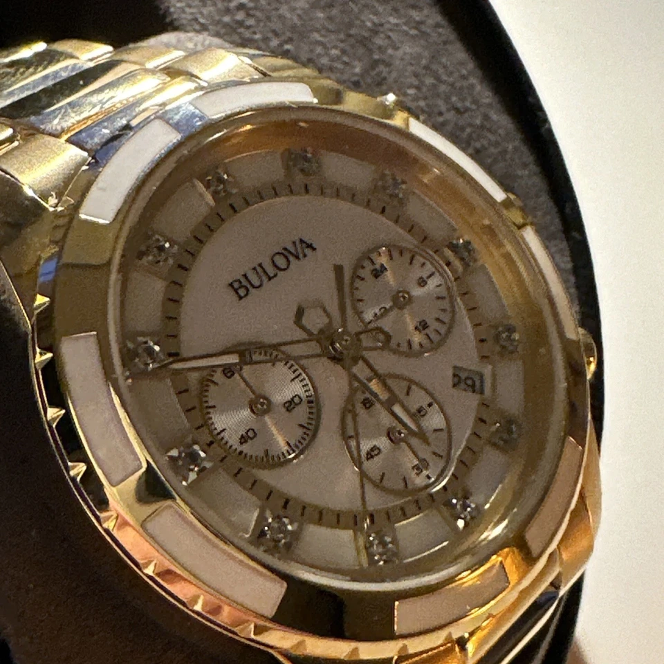 Bulova Women's Watch 97P146 Chronograph Gold Diamond Mother of Pearl Dial 36mm - Image 3 of 4