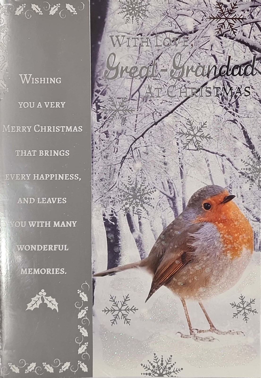 Christmas Card For a Special Great-Grandad Robin in the Snow Silver Foil Glitter