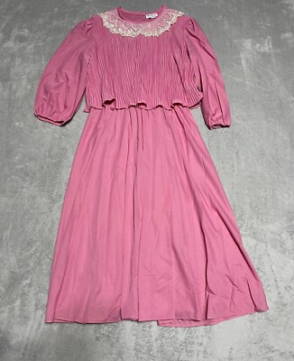 Vintage Ms Classic Dress Womens Size 16 Pink Lace Detailed Modest