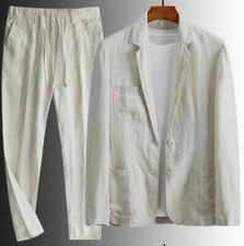 2 PC Men's Linen Suit Summer Causal Blazer  Pants Coat Beach Jacket Two Button