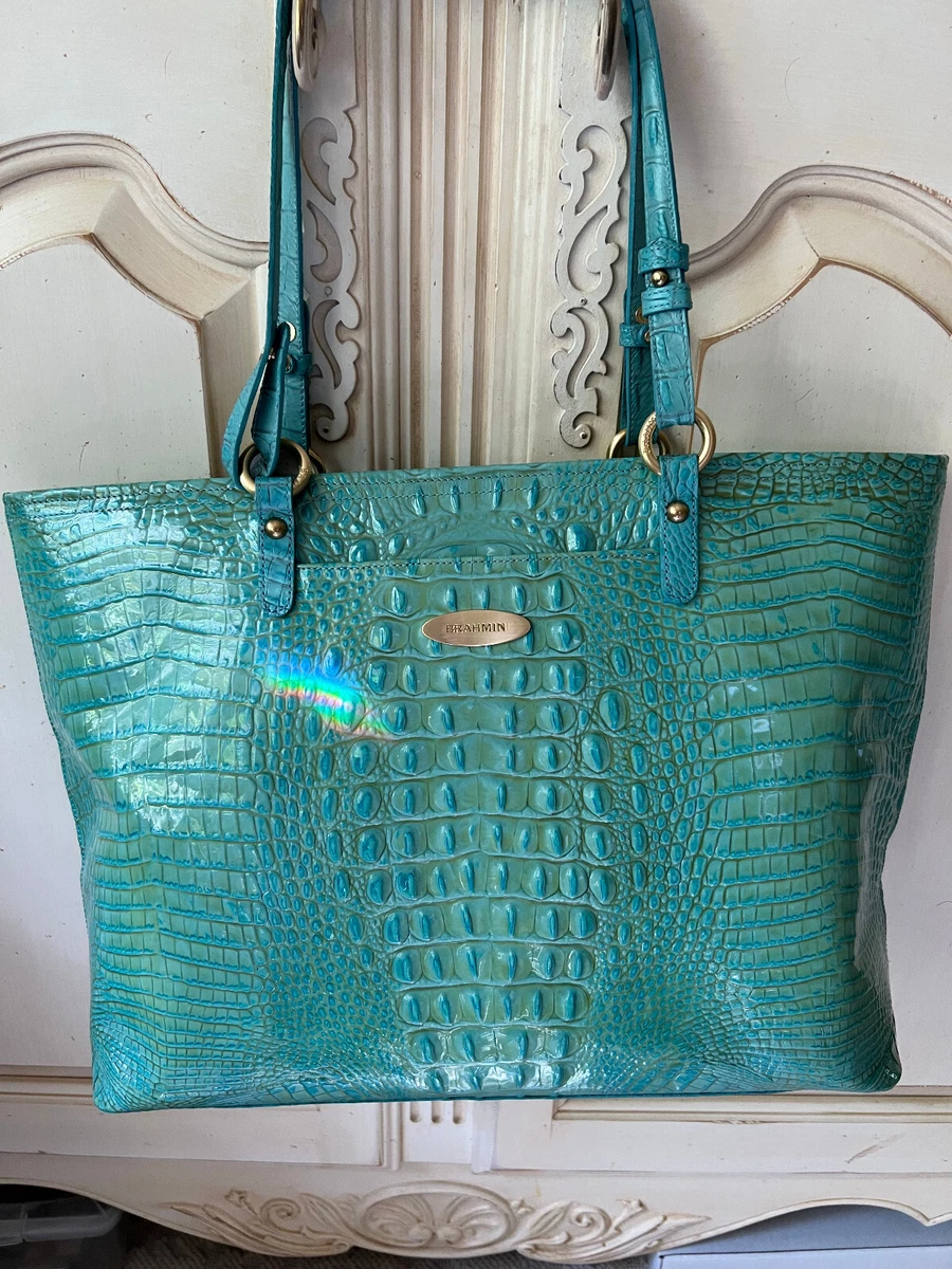 NWOT AQUA/TURQUOISE AUTHENTIC BRAHMIN CROCODILE EMBOSSED LARGE LEATHER TOTE.