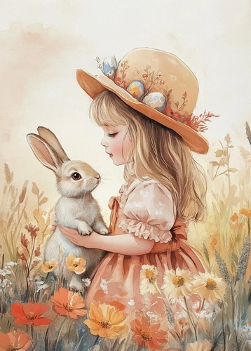 print ACEO Art Card Rabbit Girl Garden Flower Bunny Animal Limited Edition