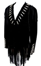 Women Black Sweden Western Leather Cow Lady Jacket Fringes And Bones Coat