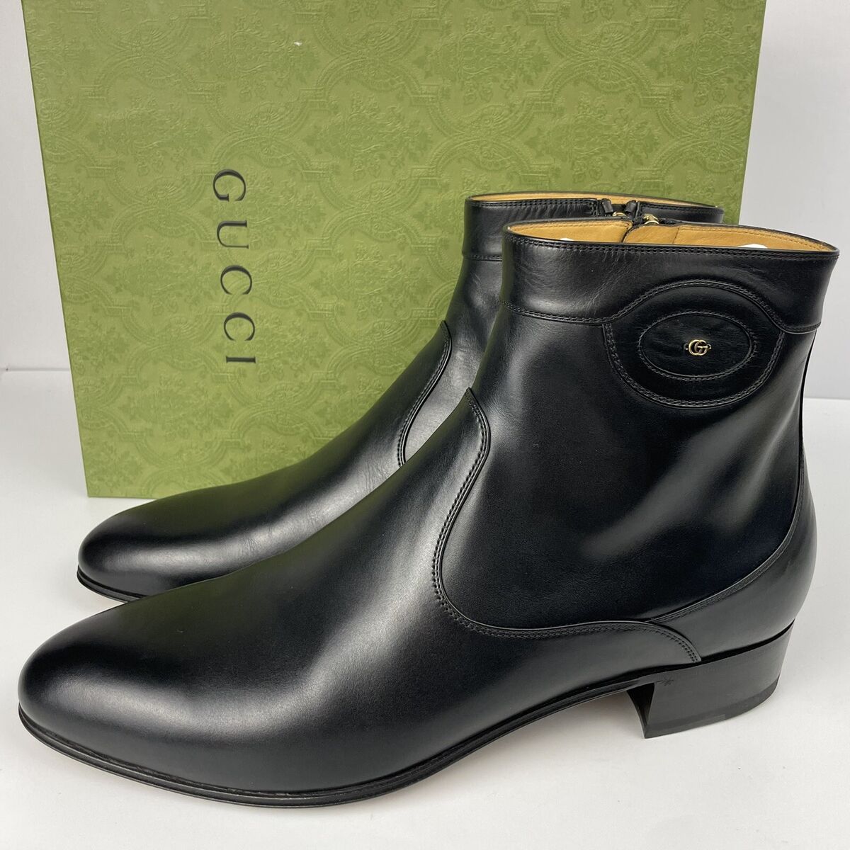 Gucci 719742 Men's Black Leather GG Ankle Boots New Waxed Gucci 719742 Men's Black Leather GG Ankle Boots New Waxed
