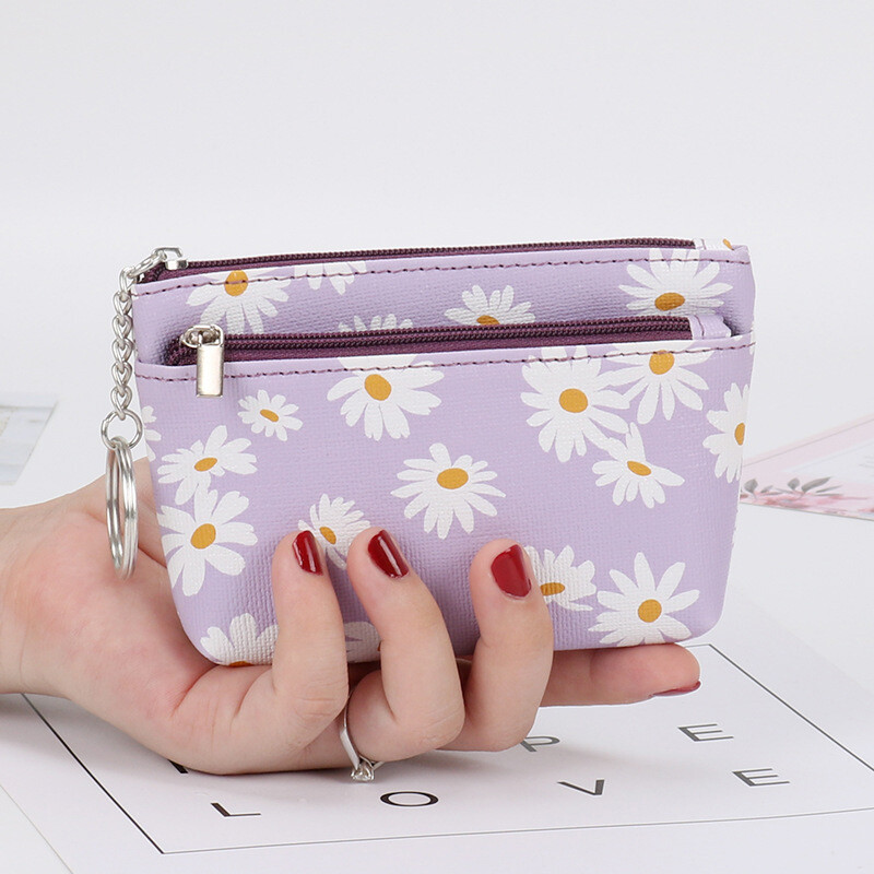 Daisy Coin Purse Women Mini Wallets With Zipper Keychain