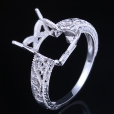 Emerald Or Cushion 10x8mm Semi Mount Sterling Silver Lady Vintage Filigree Ring