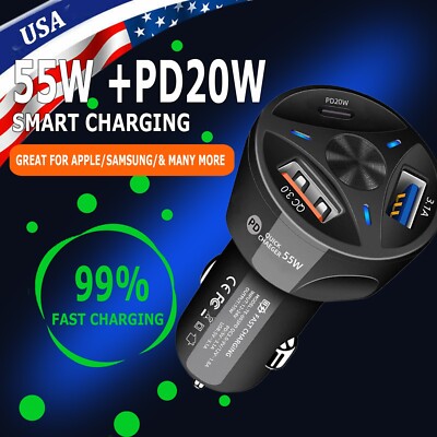 2 USB+ PD 20W Type-C Car Charger Fast Adapter For Samsung iPhone 13 12 Pro Max