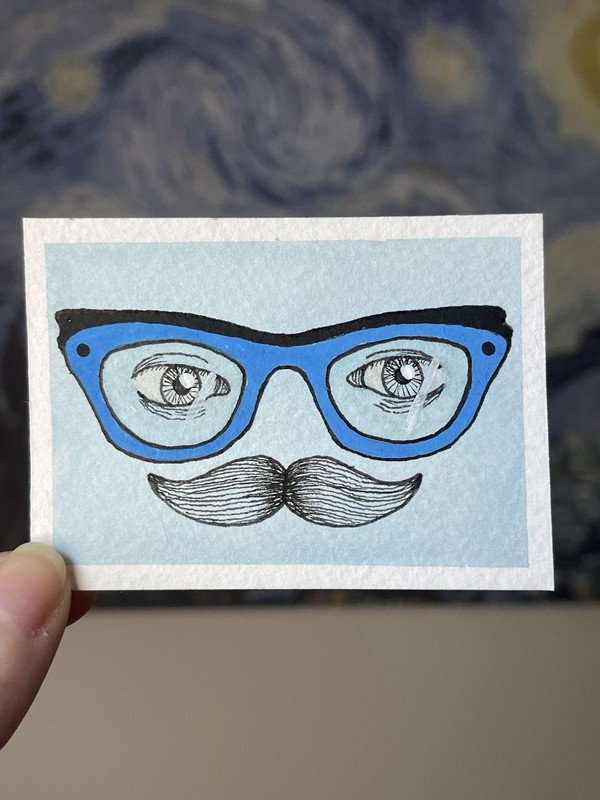 ACEO Original Art Card portrait glasses mustache painting by Candice Zuspann