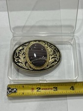 Vintage Western Polished Agate Gold and Black Belt Buckle Flower Pattern