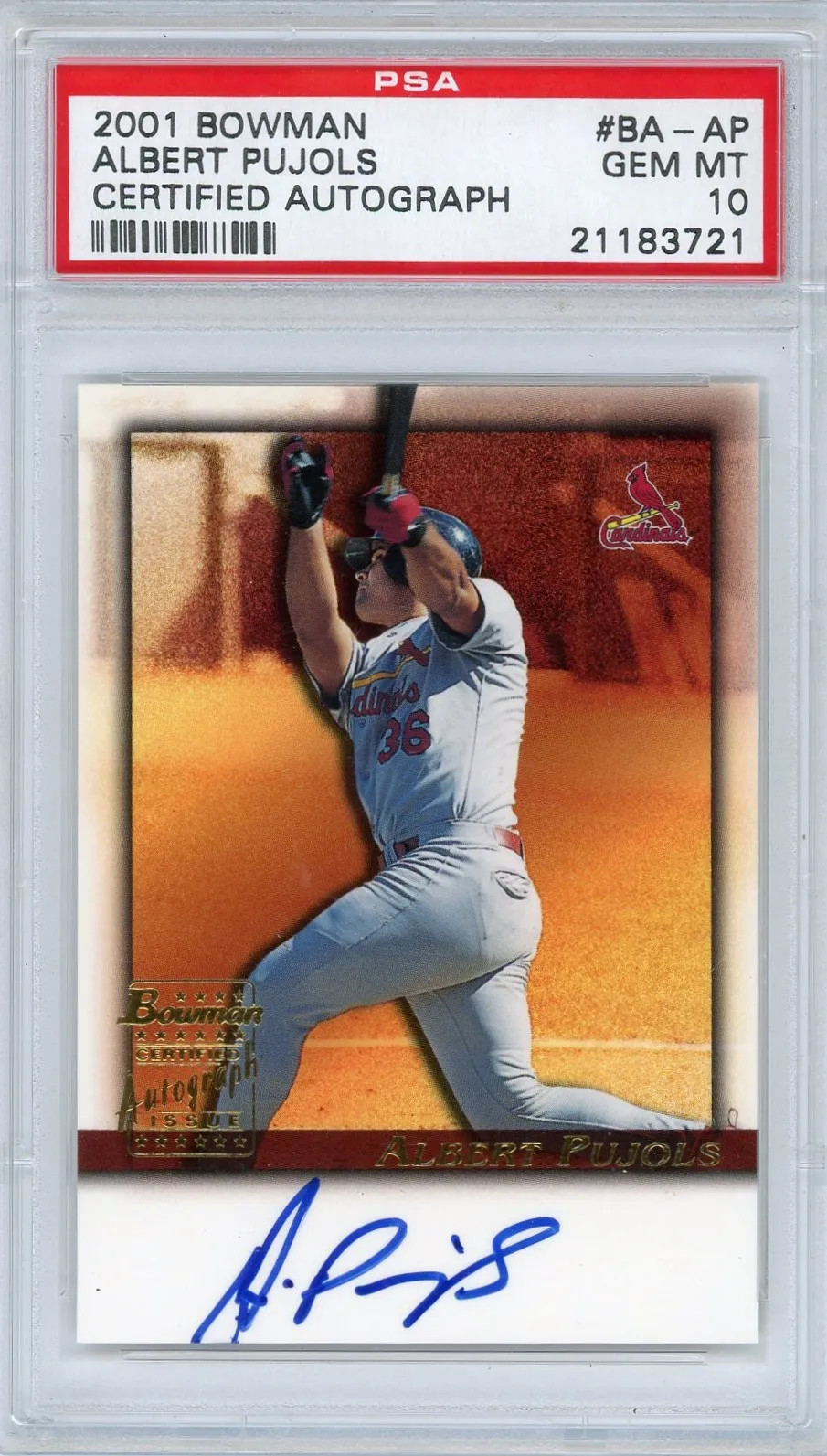 Albert Pujols #BA-AP Baseball Cards 2001 Bowman Certified Autograph trading card — raw and PSA graded price guide