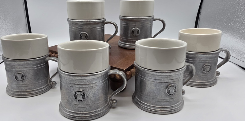 Vintage Wilton Columbia PA RWP Pewter & Ceramic Liberty Bell Mugs Set of 6 USA