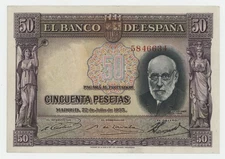 Spain España 50 Pesetas 22-7-1935 Pick 88.a XF- Circulated Banknote