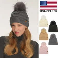 C.C Women Braided Pattern Faux Fur Pom Solid Beanie Winter Hat