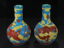 Coppia bottiglie vaso celeste drago fenice bestia drago porcellana colore smalto antico 9"