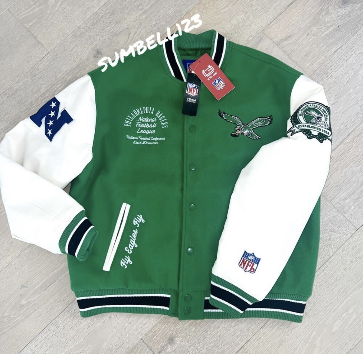 NFL Philadelphia Eagles Kelly Green Leather Wool Bomber Varsity