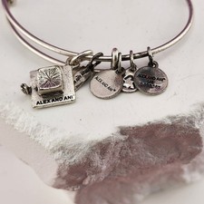 Alex and Ani Square Sunburst Crystal Charm Bangle Bracelet 6.75" Silver Tone
