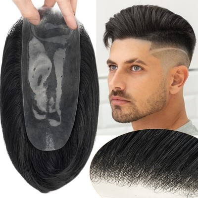 Mens Human Hair Replacement System Comb Back Thin Skin PU Toupees Hairpieces